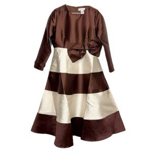 EY Boutique Dress Womens 8 Brown Cream Colorblock Bow Waist Midi A-Line NWT